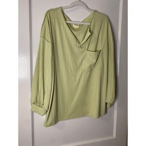 BiBi! Womens Green Ribbed V Neck Long Sleeve Pullover Top With Pocket‎